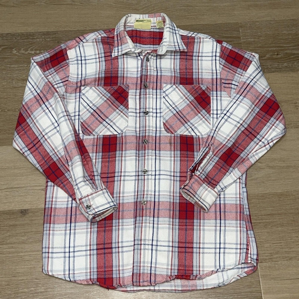 VTG Big Mac‎ Shirt Mens Large Tall Red White Blue Plaid Flannel Utility 80s